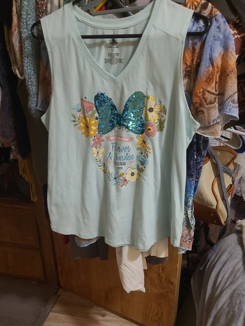 Disney Light Mint Sequin Bow Floral V-Neck Tank Top PTP 20